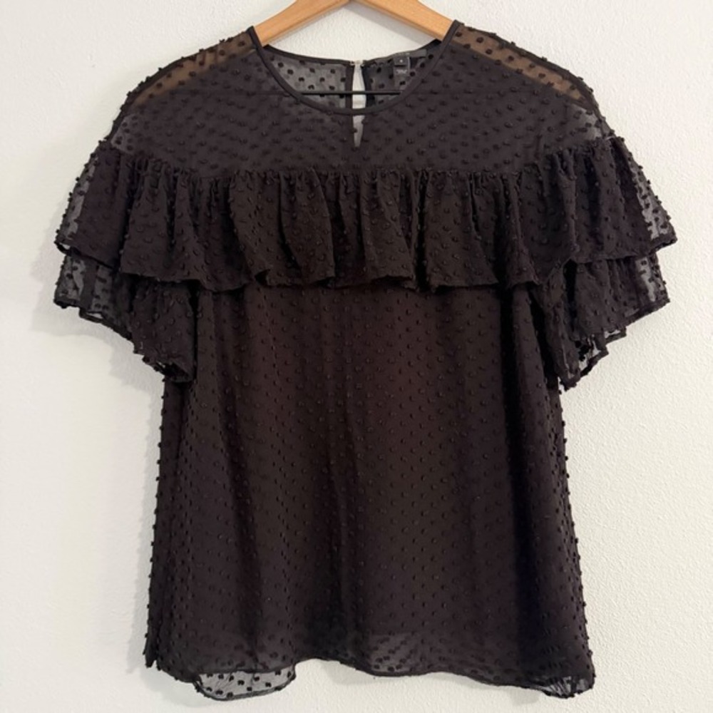 J.Crew Black Label - Silk Swiss Dot Black Blouse‎ Ruffle Semi Sheer